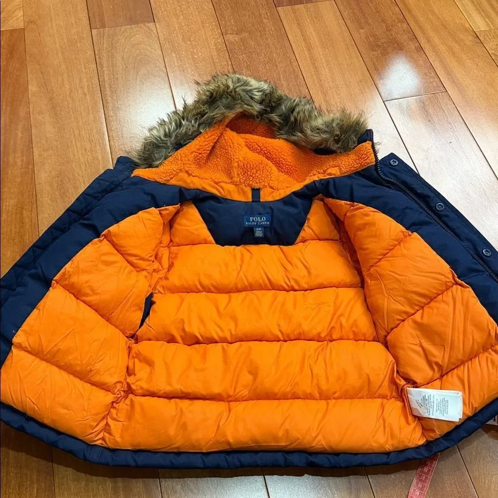 Polo by Ralph Lauren Navy Removable Fur White Duck Down Puffer Jacket Size 3T‎